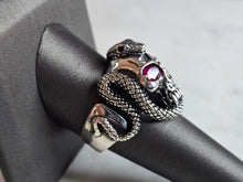 Load image into Gallery viewer, Mens Sterling Silver Ruby Eyed Goth Biker Skull Snake Ring 14.3g E4498