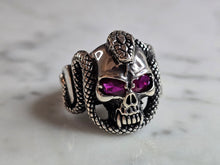 Load image into Gallery viewer, Mens Sterling Silver Ruby Eyed Goth Biker Skull Snake Ring 14.3g E4498