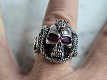 Load image into Gallery viewer, Mens Sterling Silver Ruby Eyed Goth Biker Skull Snake Ring 14.3g E4498