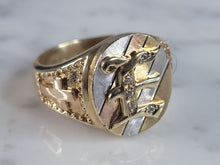 Load image into Gallery viewer, Mens Vintage Estate 14K Multi Gold Religious Cross "E" Diamond Ring 8.7g, E6564
