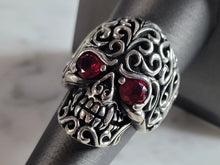 Load image into Gallery viewer, Mens Sterling Silver Ruby Eyed Skull Ring 13.6g E6967