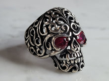 Load image into Gallery viewer, Mens Sterling Silver Ruby Eyed Skull Ring 13.6g E6967