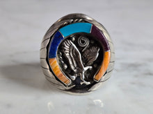 Load image into Gallery viewer, Mens Vintage Sterling Silver Southwestern Turquoise Eagle Ring 17.3g E7469