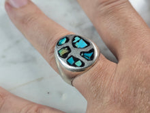 Load image into Gallery viewer, Mens Vintage Estate Sterling Silver Mosaic Turquoise Ring 12.7g E1101