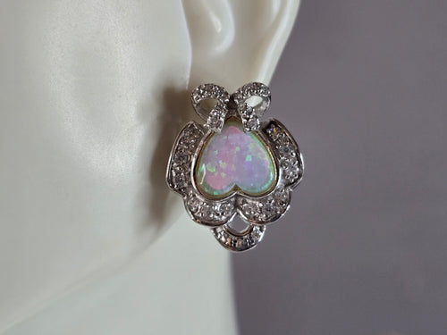 Womens Estate Sterling Silver Opal CZ Heart Earrings 9.7g E1306
