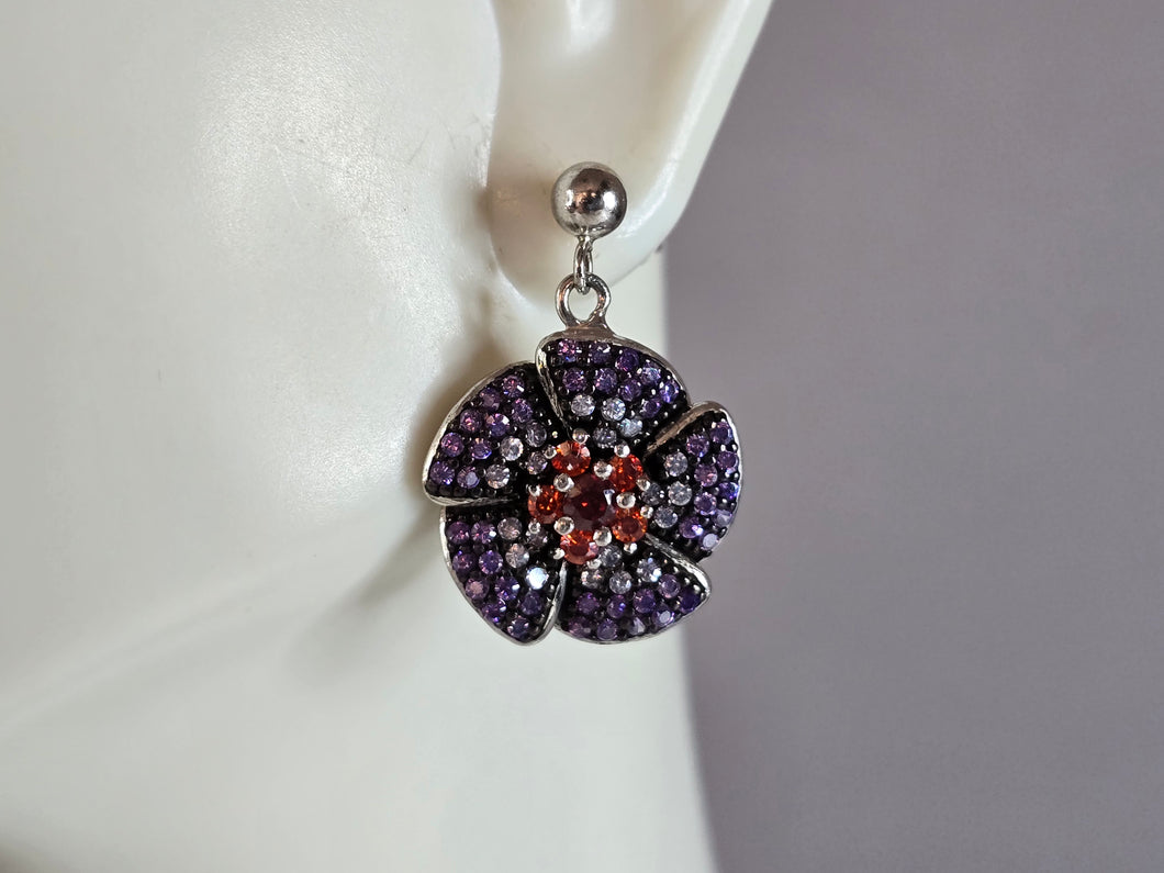 Womens Estate Sterling Silver Modernist Floral CZ Earrings 7.1g E1309