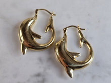 Load image into Gallery viewer, Womens Vintage Estate 14K Yellow Gold Hoop Dolphin Earrings 2.7g E1355