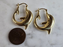 Load image into Gallery viewer, Womens Vintage Estate 14K Yellow Gold Hoop Dolphin Earrings 2.7g E1355