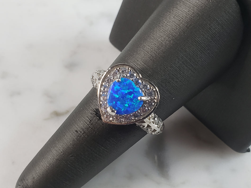 Womens Estate Sterling Silver Modernist Blue Opal & CZ Heart Ring 3.7g E1414