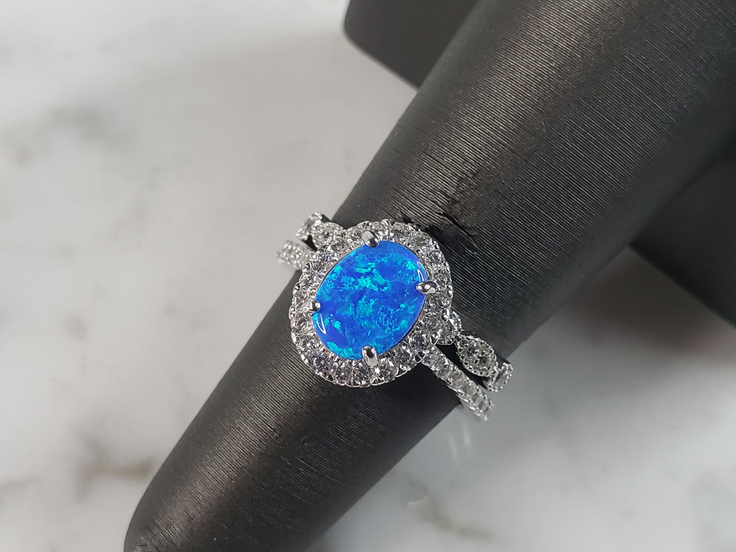 Womens Estate Sterling Silver Modernist Blue Opal & CZ Ring Set 4.6g E1416