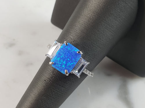 Womens Estate Sterling Silver Modernist Blue Opal & CZ Ring 2.5g E1417