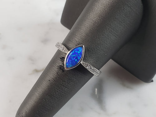 Womens Estate Sterling Silver Modernist Blue Opal & CZ Ring 2.5g E1418