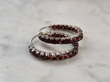 Load image into Gallery viewer, Womens Vintage Estate Sterling Silver Garnet Hoop Earrings 6.9g E1981