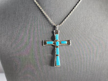 Load image into Gallery viewer, Womens Vintage Sterling Silver Turquoise Iule Cross Pendant Necklace 13.5g E1985