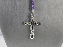 Load image into Gallery viewer, Womens Sterling Silver Beaded Amethyst Cross Pendant w/ Peace Sign 19.4g E3029