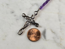 Load image into Gallery viewer, Womens Sterling Silver Beaded Amethyst Cross Pendant w/ Peace Sign 19.4g E3029
