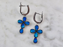 Load image into Gallery viewer, Womens Sterling Silver Blue Opal Cross Earrings 5.6g E3161