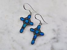 Load image into Gallery viewer, Womens Sterling Silver Blue Opal Cross Earrings 4.2g E3163