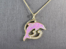 Load image into Gallery viewer, Womens Sterling Silver Gold Tone Pink Opal Dolphin Pendant Necklace 8.0g E3307