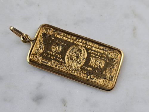 Vintage Estate 18k Yellow Gold Hundred Dollar Bill Pendant 5.0g E3423