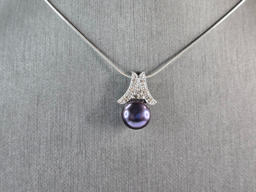 Womens 10K White Gold Diamond Pearl Pendant w/ 14k Necklace #E3514