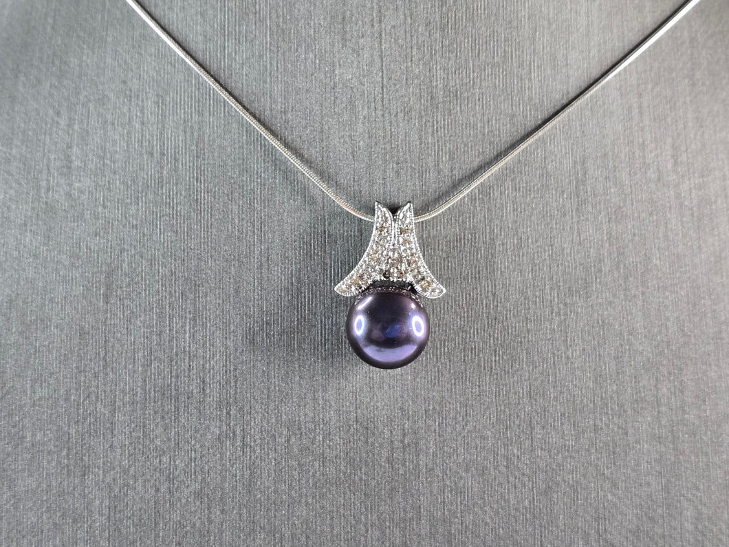 Womens 10K White Gold Diamond Pearl Pendant w/ 14k Necklace #E3514