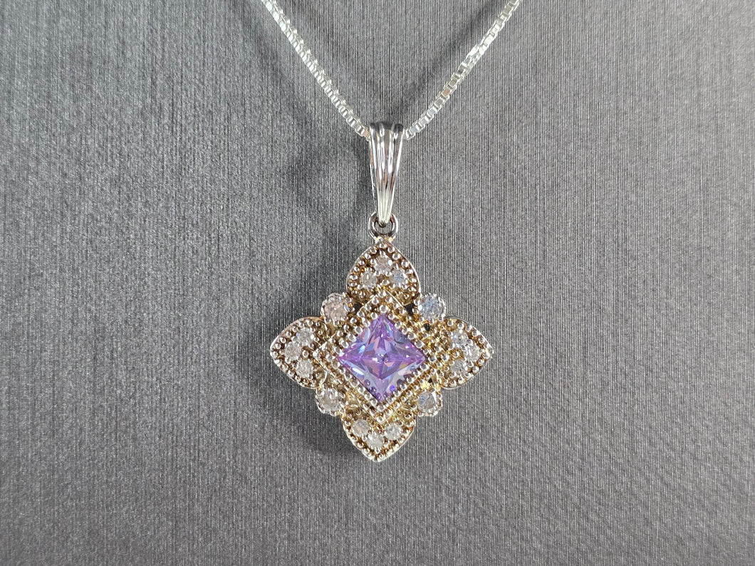 Womens Estate Sterling Silver Amethyst CZ Pendant w/ Necklace 6.8g E3536