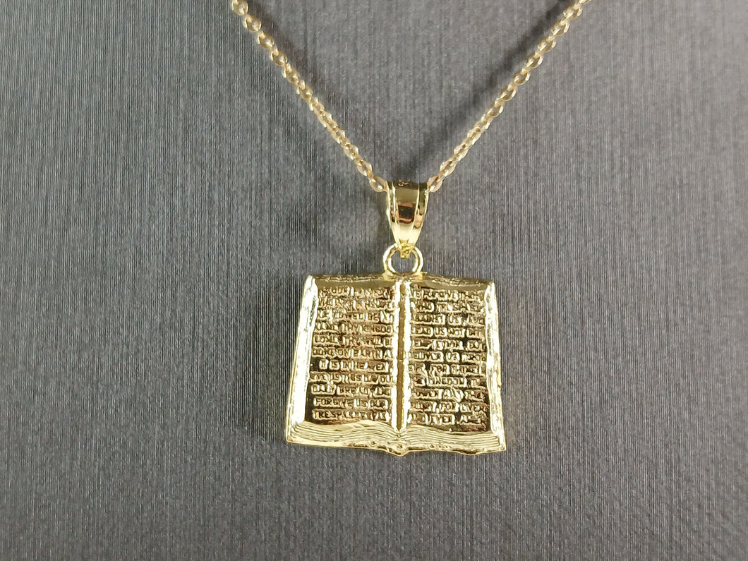 Sterling Silver Gold Tone Religious Holy Bible Pendant Necklace 3.7g E3676