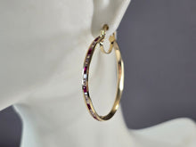 Load image into Gallery viewer, Womens 14K Yellow Gold Ruby &amp; CZ Hoop Earrings, 4.5g E3762