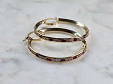 Load image into Gallery viewer, Womens 14K Yellow Gold Ruby &amp; CZ Hoop Earrings, 4.5g E3762