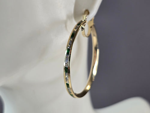 Womens 14K Yellow Gold Emerald & CZ Hoop Earrings, 4.5g E3764
