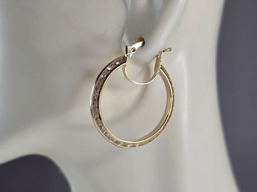 Womens 14K Yellow Gold CZ Hoop Earrings, 3.0g E3765
