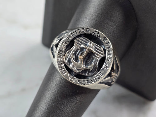 Mens Vintage Estate Sterling Silver US Maritime Service Anchor Ring 17.8g E3858