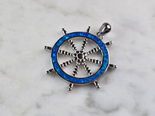 Load image into Gallery viewer, Womens Sterling Silver Blue Opal Maritime Ship Wheel Pendant 4.5g E3882