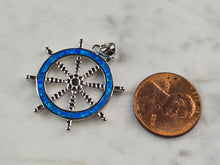 Load image into Gallery viewer, Womens Sterling Silver Blue Opal Maritime Ship Wheel Pendant 4.5g E3882