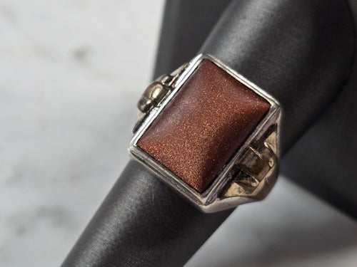 Mens Vintage Estate Sterling Silver 10k GP Modernist Goldstone Ring 9.6g E3925