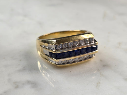 Mens Vintage Estate 14K Yellow Gold Diamond & Sapphire Ring 10.8g E3944