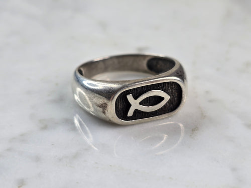 Mens Vintage Estate Sterling Silver Christian Jesus Fish Ring 8.2g E3962