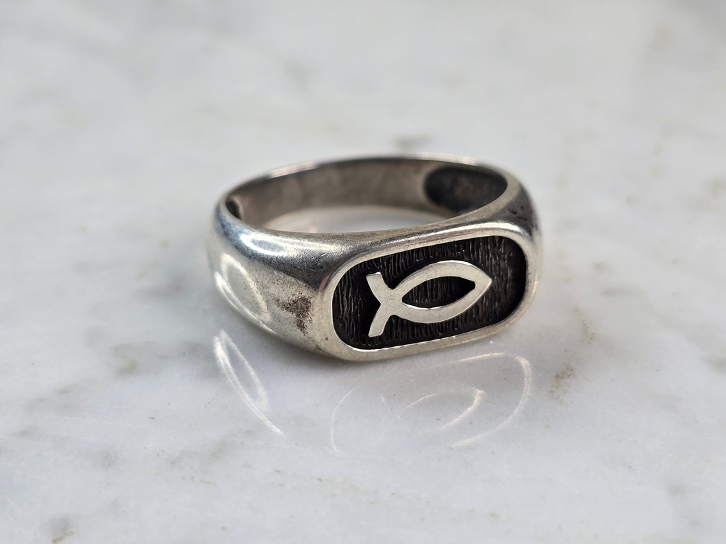 Mens Vintage Estate Sterling Silver Christian Jesus Fish Ring 8.2g E3962