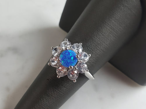 Womens Estate Sterling Silver Modernist Blue Opal Floral Ring 3.7g E4205