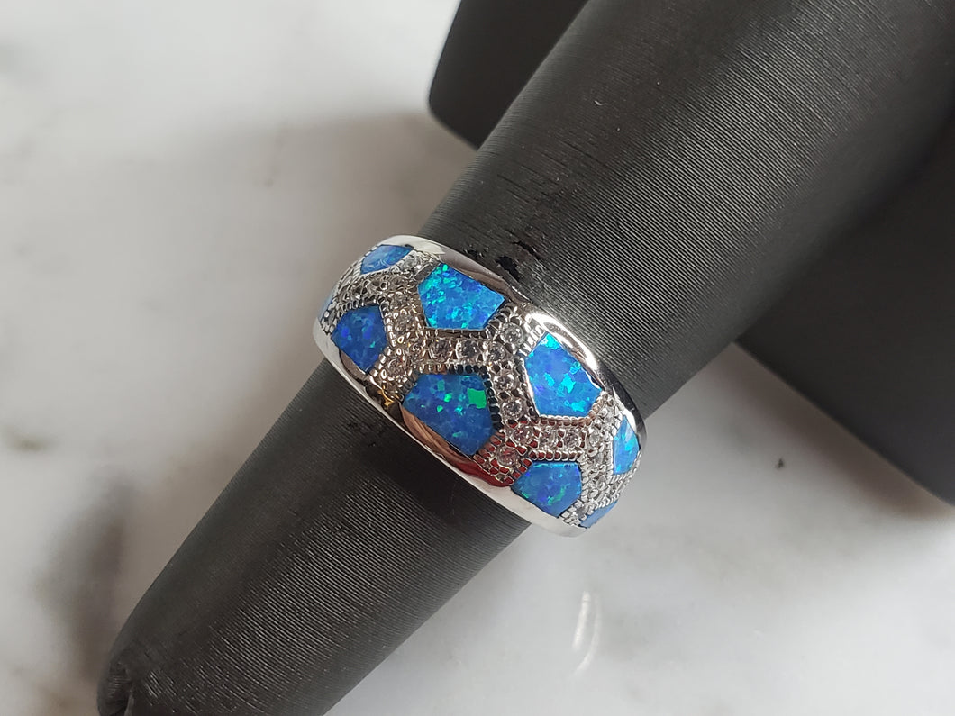 Womens Estate Sterling Silver Modernist Blue Opal & CZ Ring 5.5g E4306
