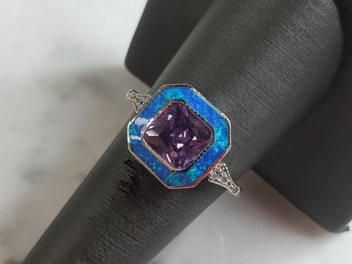 Womens Estate Sterling Silver Modernist Blue Opal & Amethyst Ring 3.8g E4307