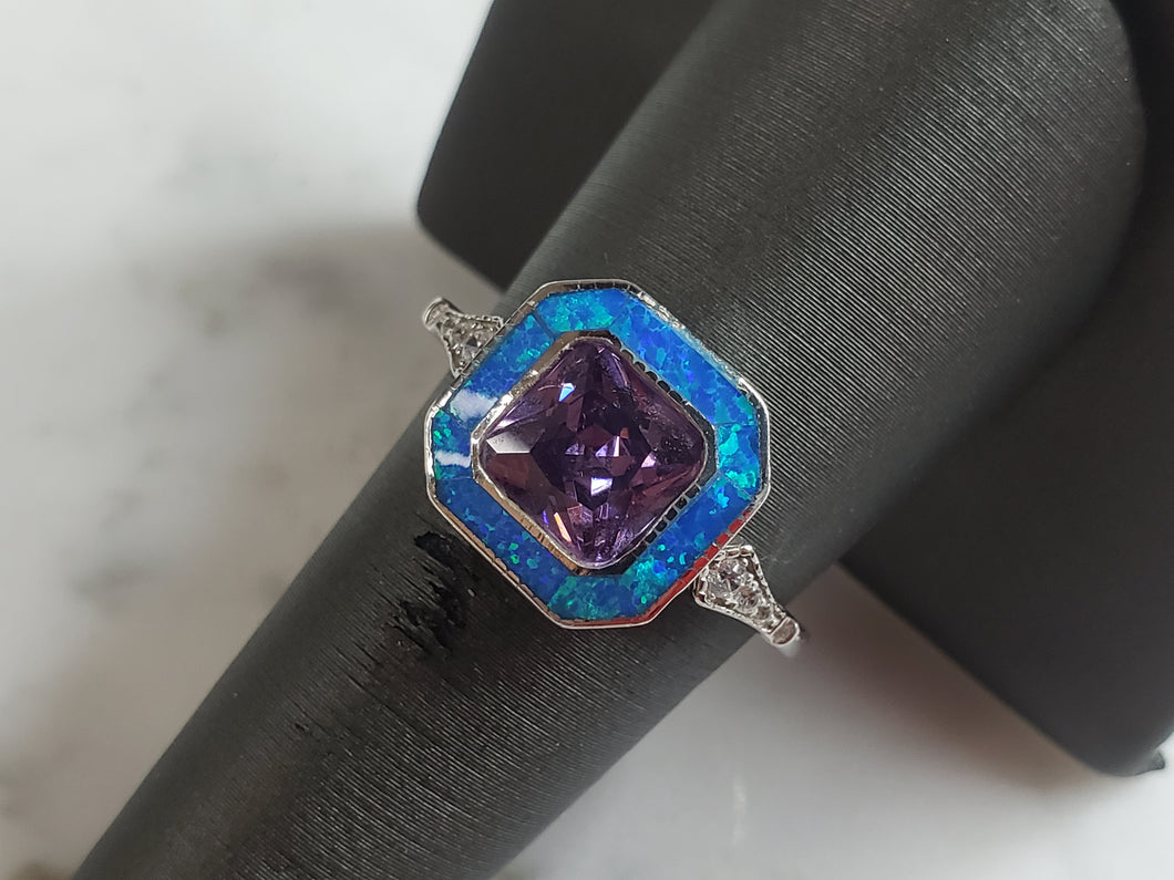 Womens Estate Sterling Silver Modernist Blue Opal & Amethyst Ring 3.8g E4307