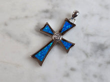 Load image into Gallery viewer, Womens Sterling Silver Blue Opal Religious Cross Pendant 4.2g E4462
