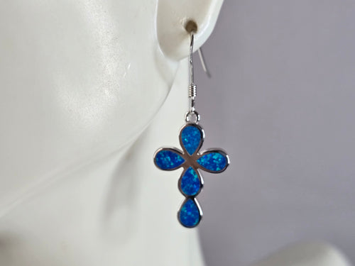 Womens Estate Sterling Silver Blue Opal Cross Earrings 4.3g E4467