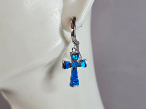 Womens Estate Sterling Silver Blue Opal Cross Earrings 4.3g E4468