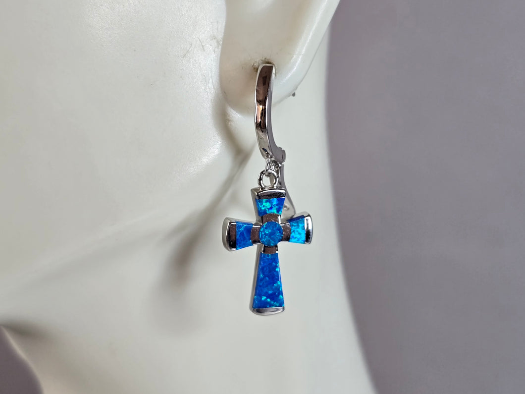 Womens Estate Sterling Silver Blue Opal Cross Earrings 4.3g E4468