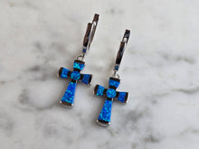 Load image into Gallery viewer, Womens Estate Sterling Silver Blue Opal Cross Earrings 4.3g E4468