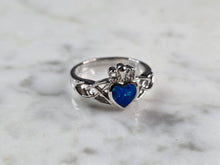 Load image into Gallery viewer, Womens Sterling Silver Irish Claddagh Blue Opal Heart Ring 3.3g E4485