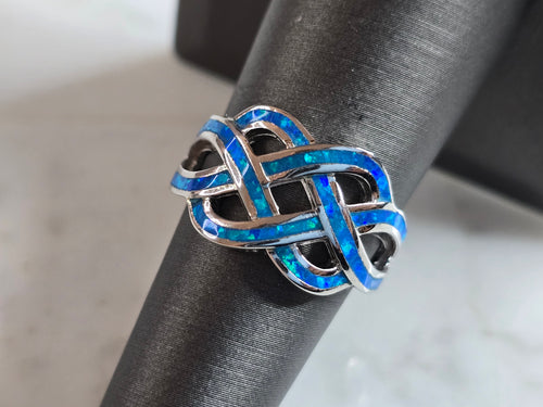 Womens Estate Sterling Silver Eternity Knot Blue Opal Ring 5.1g E4487